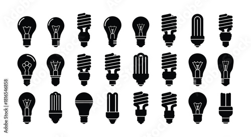 Collection of various light bulb shapes in a black and white illustration
