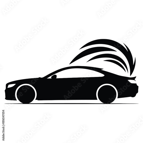Silhouette of a black sports car with dynamic motion lines isolated on white background, symbolizing speed and performance