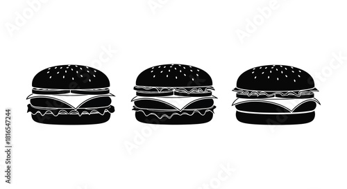 Two black and white illustrations of stacked burgers with visible ingredients