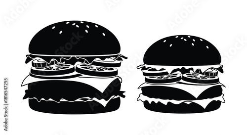 Two black and white illustrations of stacked burgers with visible ingredients