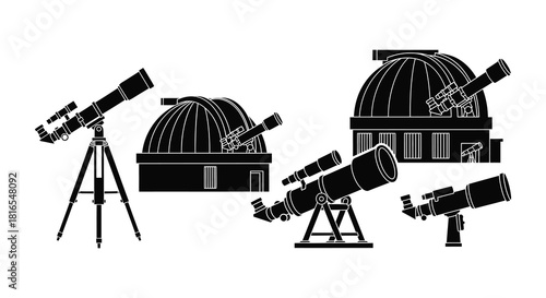 Black silhouette icons depicting various telescopes and observatory structures