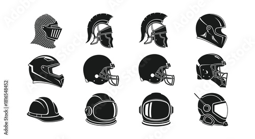 A collection of various historical and modern protective headwear silhouettes