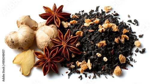 Fototapeta Naklejka Na Ścianę i Meble -  Aromatic spice blend with fresh ginger root, star anise, and loose black tea leaves mixed with dried orange peel pieces on white background.