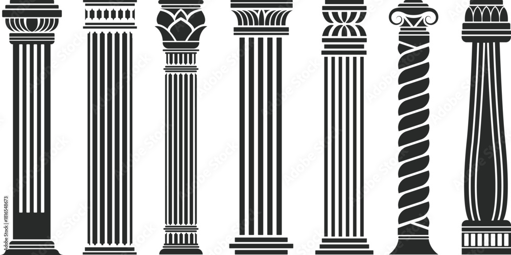 Fototapeta premium Black antique columns ancient roman doric columns. Set of ancient greek columns with capitals isolated