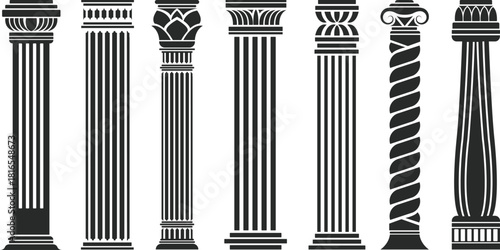 Black antique columns ancient roman doric columns. Set of ancient greek columns with capitals isolated