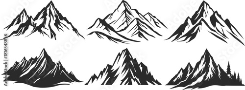 Black and white mountain silhouettes. Mountain silhouette black mountain icons hill range peak snow rock landscape for logo design flat cartoon nature hiking elements vector mountains isolated set