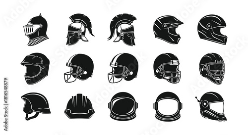 A collection of various historical and modern protective headwear silhouettes
