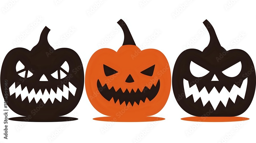 Fototapeta premium Spooky carved pumpkins with scary faces for Halloween decoration, party invitations, and seasonal greeting cards.