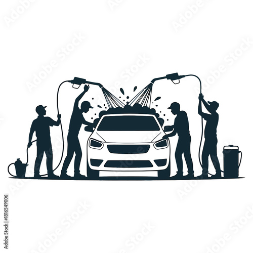 Silhouette of people washing a car with water guns isolated on white background car wash service concept design