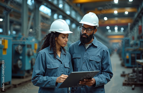 Two factory workers wear hard hats and work clothes. They confer while looking at a tablet computer. A man and woman stand amid industrial machinery in a large production facility.