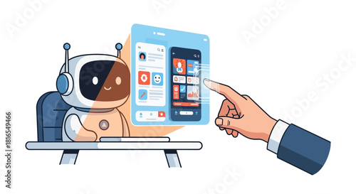 AI Chatbot Assistant Interacting with User Interface Screen Illustration