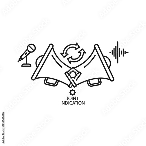 Line icon representing joint indication with microphone, two connected megaphones, circular arrows, and sound wave isolated on