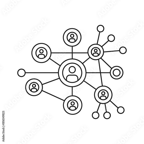 Simple black and white line art icon representing a network of connected people or social media connection isolated on