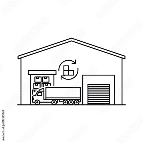 Outline icon of a delivery truck loading or unloading cargo at a warehouse with a recycling symbol indicating logistics flow