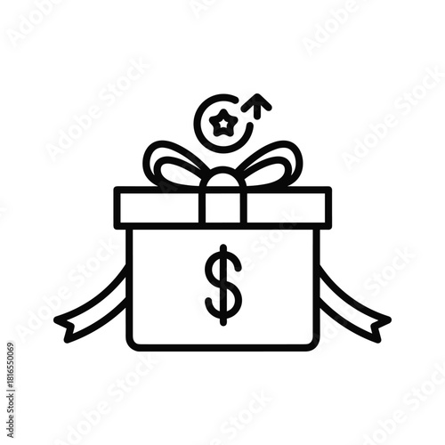 Line icon of a gift box with dollar sign and reward refresh symbol, isolated on