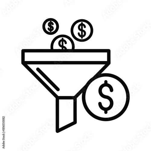 Line icon representing a sales or marketing conversion funnel with dollar signs indicating money flow and profit generation