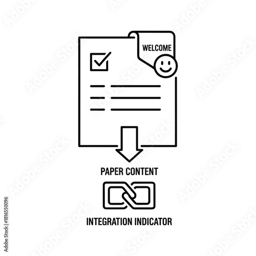 Line art icon showing paper document with welcome note and checkmark converting to digital data integration indicator