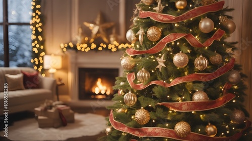 Cozy christmas living room with decorated tree and fireplace