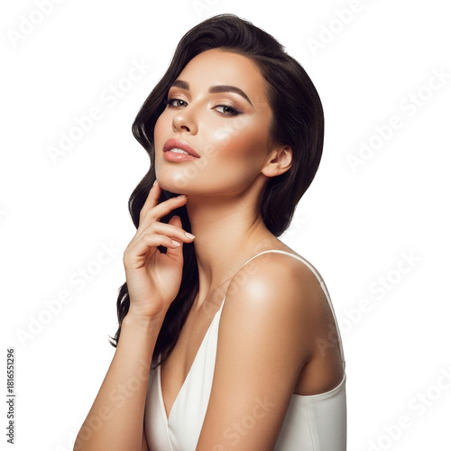 Portrait of a beautiful woman with elegant makeup and wavy hair posing against a clean white background ideal for beauty and fashion campaigns