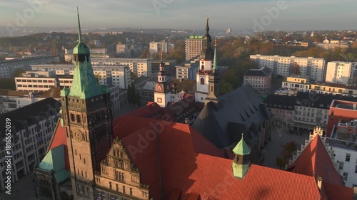 Chemnitz Townhall and Market Square. Chemnitz Rathaus in Saxony, Eastern Germany. Aerial Sunrise Time Soft Light.