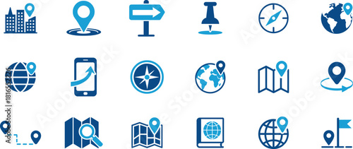 Map icon set. Containing location, maps, GPS, navigation, city map, atlas, route, direction, pin and more. Vector solid icons collection.
