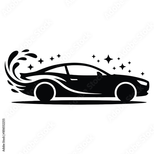 Sleek black car with water splash and stars isolated on white background, symbolizing speed and cleanliness