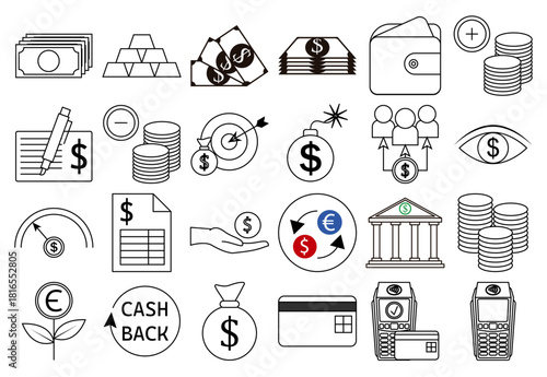 Hoja de iconos de efectivo, inversión y transacciones bancarias