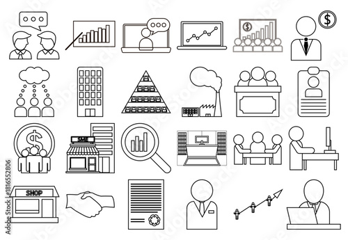 Hoja de iconos de gestión corporativa, reuniones y negocios