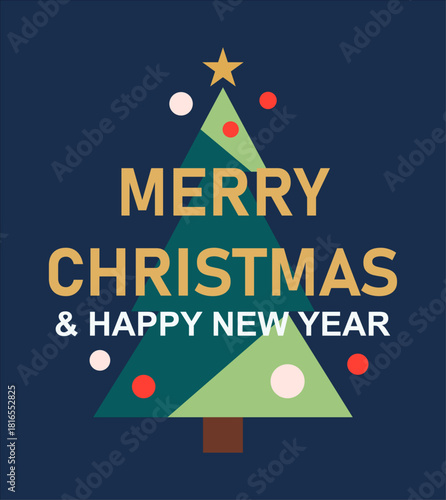 Felicitación navideña minimalista de árbol de navidad con estrella y adornos