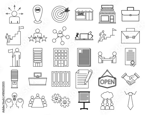 Hojas de iconos de comercio, oficina y éxito empresarial