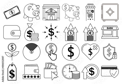 Hoja de iconos de banca, hucha y transacciones monetarias