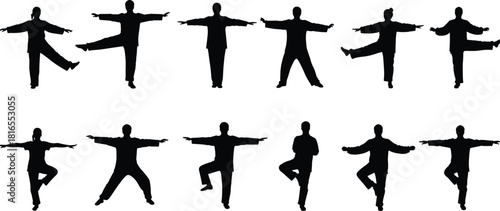 Balance exercise silhouettes, yoga poses, tai chi stances, fitness training, stability practice, wellness activity, posture art, coordination skill, health discipline, flat vector