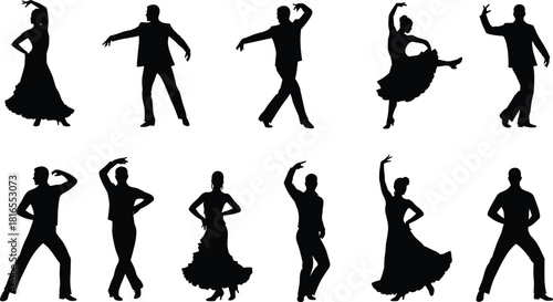 Ballroom dancers silhouettes, Latin dance poses, elegant motion, expressive arm movements, cultural performance, stage entertainment, graceful posture, rhythm art, festival show, flat vector