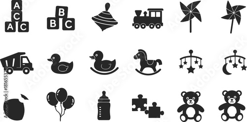 Baby toys silhouettes, childhood icons, teddy bear, rocking horse, rubber duck, pacifier, bottle, puzzle, train, blocks, mobile, balloons