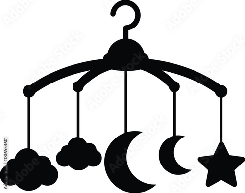 Baby mobile silhouette, nursery decoration, crib toy, moon star cloud, infant sleep, bedtime icon, baby room, childhood care, flat vector