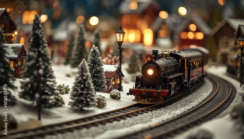 cool christmas wallpapers Classic train set circling miniature snow village nostalgic tungsten lighting