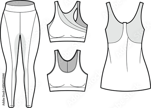 Athletic wear flat sketch, sports bra vector, leggings technical drawing, racerback tank top illustration, activewear fashion CAD, fitness apparel design