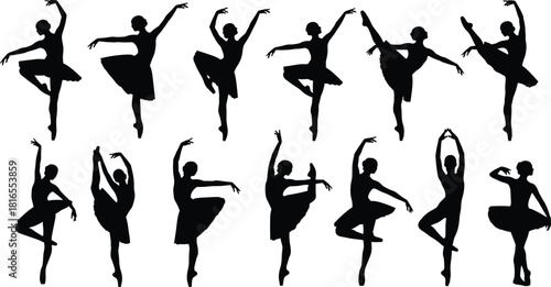Ballet dancer silhouettes, classical dance poses, arabesque, pirouette, attitude, graceful movement, choreography, performance art, ballerina elegance, stage illustration -flat vector