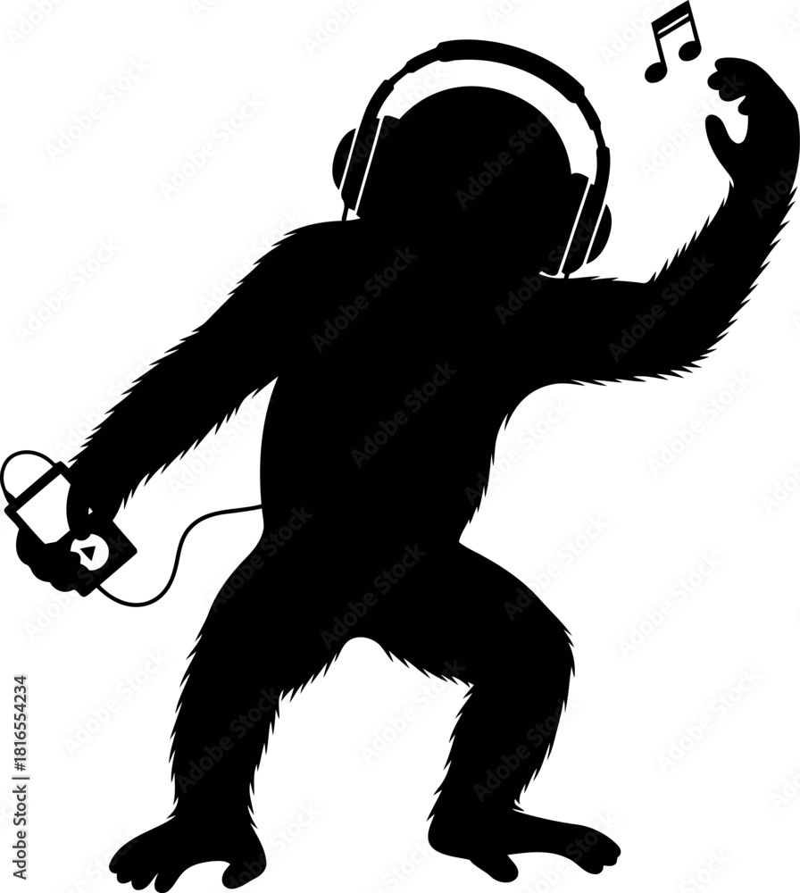 Naklejka premium Dancing monkey silhouette with headphones and music notes