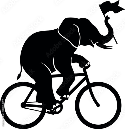 Elephant riding bicycle with flag silhouette