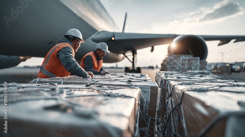 Air cargo team securing fragile packages before takeoff