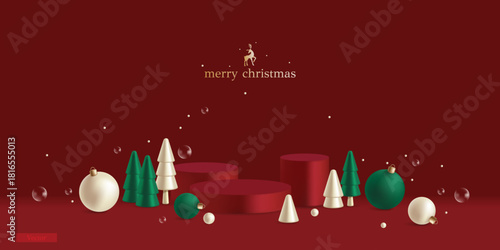 Vector illustration of Christmas studio podium with tree and snow. Red Christmas and Happy New Year background. Realistic 3d decorative.	
