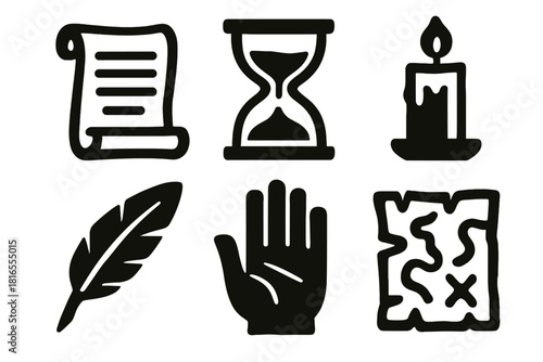 Brutalist Ancient Icons. Ancient Predictions silhouette icon set: scroll, hourglass, candle, quill, hand, map