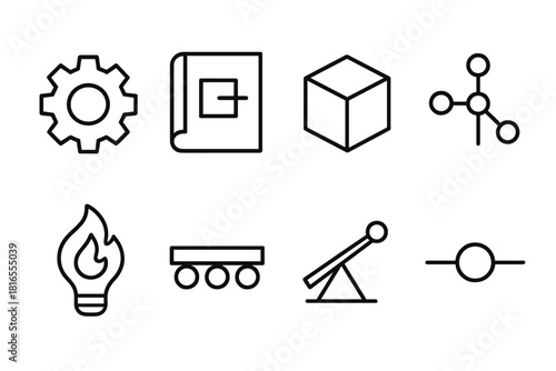 Innovation Concept Icons. Creation Mechanism Forms linear icon set: innovation cog, blueprint sheet, prototype block, circuit node, idea flame, assembly strip, test lever, concept