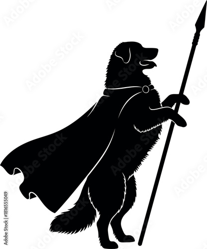 Warrior dog silhouette with spear and cape