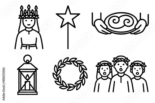 St. Lucia Icons. St. Lucia Procession linear icon set. candle crown, white robe, star staff, tray, saffron bun, lantern, wreath, singing group