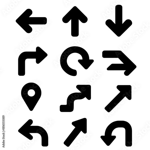 Brutalist Arrow Icons. Arrow Navigation Collection silhouette icon set: left arrow, right arrow, up arrow, down arrow, corner turn arrow, reload arrow, zigzag arrow, long path