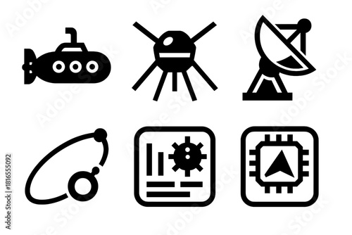 Marine and Space Icons. Marine and Space Autonomy silhouette icon set: autonomous submarine, space probe, satellite dish, trajectory path, control hub, AI navigation system