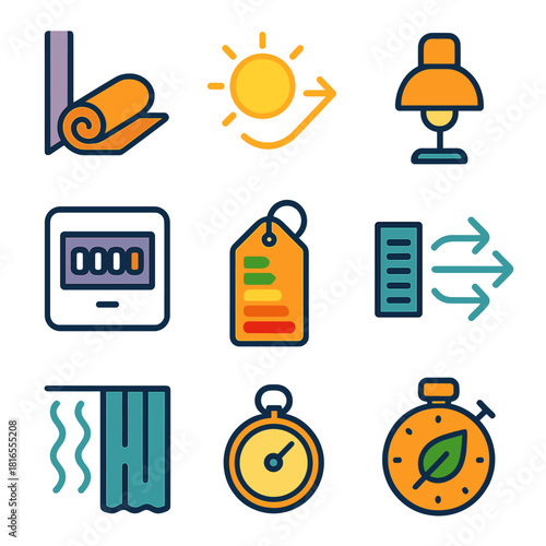 Eco Living Icons. Low-Energy Living Methods flat icon set: draft seal roll, sun direction cue, minimal-power lamp, usage meter tile, appliance efficiency tag, airflow guide