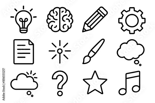 Creative Icons Outline. Creative thinking linear icon set: light bulb, brain, pencil, gear, paper, spark, paintbrush, thought bubble, idea cloud, question mark, star, note